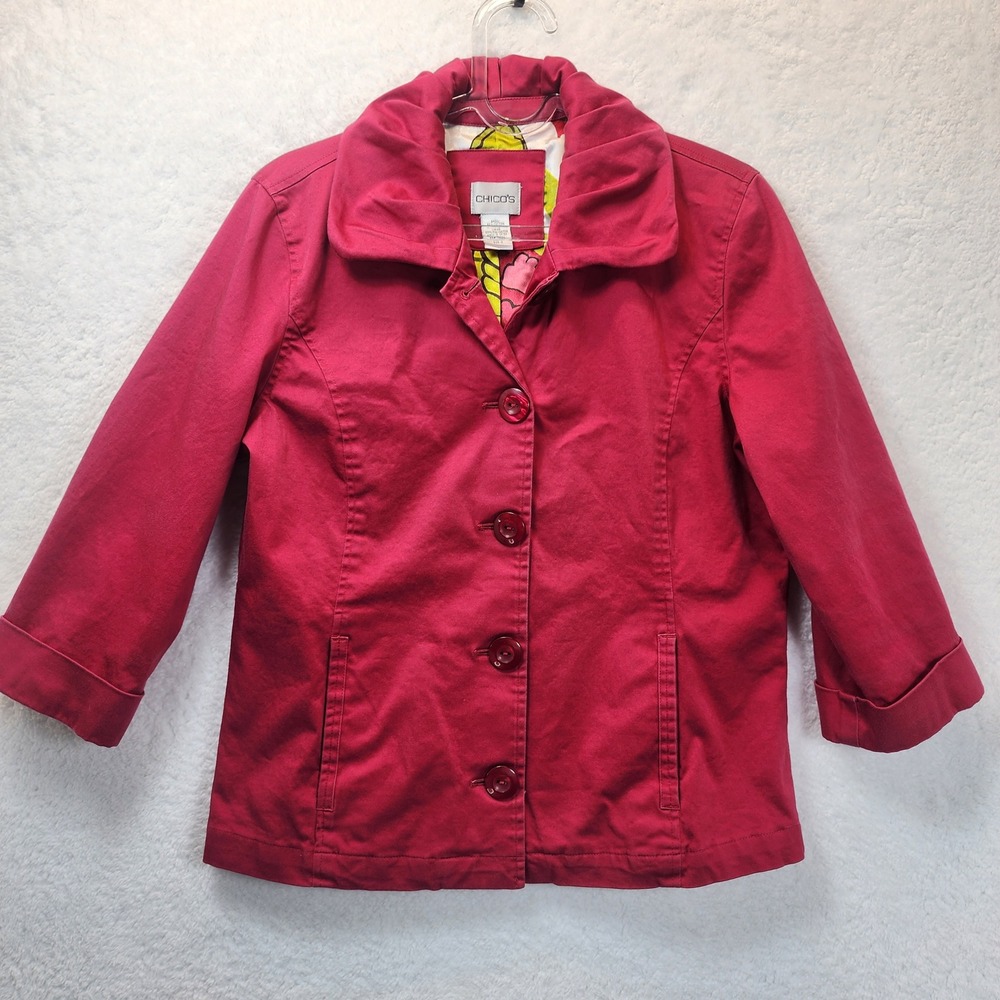 Chicos Jacket Blazer Womens  1 A 10 Red Floral Lined Career Blazer Office Preppy